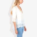 White Large Strap V-Neck Detail Crochet Lace Trim Midi Sleeve Blouse