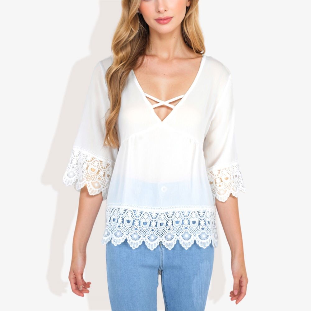 Strap V-Neck Detail Crochet Lace Trim Midi Sleeve Blouse