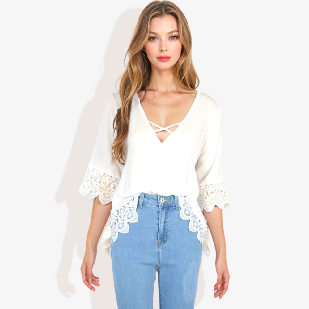 Strap V-Neck Detail Crochet Lace Trim Midi Sleeve Blouse