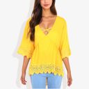 Yellow Large Strap V-Neck Detail Crochet Lace Trim Midi Sleeve Blouse