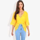 Yellow Large Strap V-Neck Detail Crochet Lace Trim Midi Sleeve Blouse