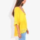 Yellow Large Strap V-Neck Detail Crochet Lace Trim Midi Sleeve Blouse