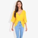 Yellow Large Strap V-Neck Detail Crochet Lace Trim Midi Sleeve Blouse