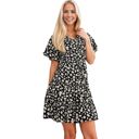 Black Large Ruffle Detail Surplice V-Neck Floral Print Tiered Flared Dress