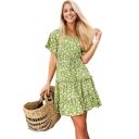 Green Large Ruffle Detail Surplice V-Neck Floral Print Tiered Flared Dress