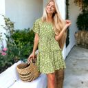 Green Large Ruffle Detail Surplice V-Neck Floral Print Tiered Flared Dress