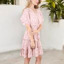 Pink Large Ruffle Detail Surplice V-Neck Floral Print Tiered Flared Dress