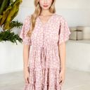 Pink Large Ruffle Detail Surplice V-Neck Floral Print Tiered Flared Dress