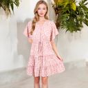 Pink Large Ruffle Detail Surplice V-Neck Floral Print Tiered Flared Dress