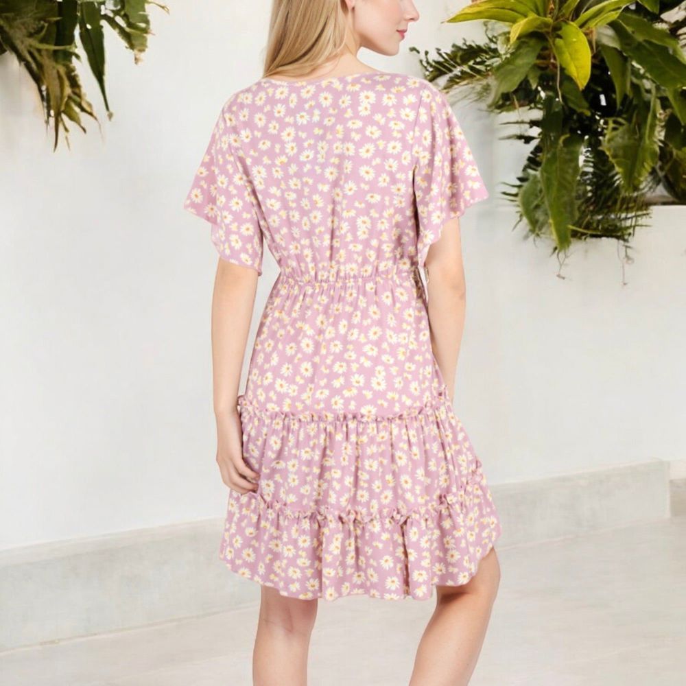 Ruffle Detail Surplice V-Neck Floral Print Tiered Flared Dress