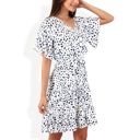 White Large Ruffle Detail Surplice V-Neck Floral Print Tiered Flared Dress