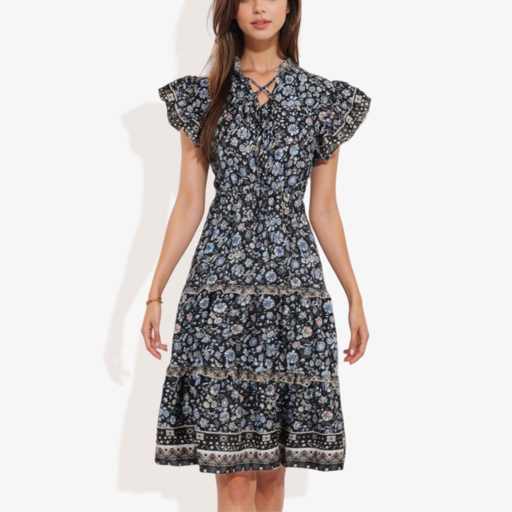 Flutter Sleeve Floral Print Dress with Lace-Up Neckline and Tiered Skirt Casual Summer Dress