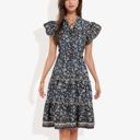  Flutter Sleeve Floral Print Dress with Lace-Up Neckline and Tiered Skirt Casual Summer Dress