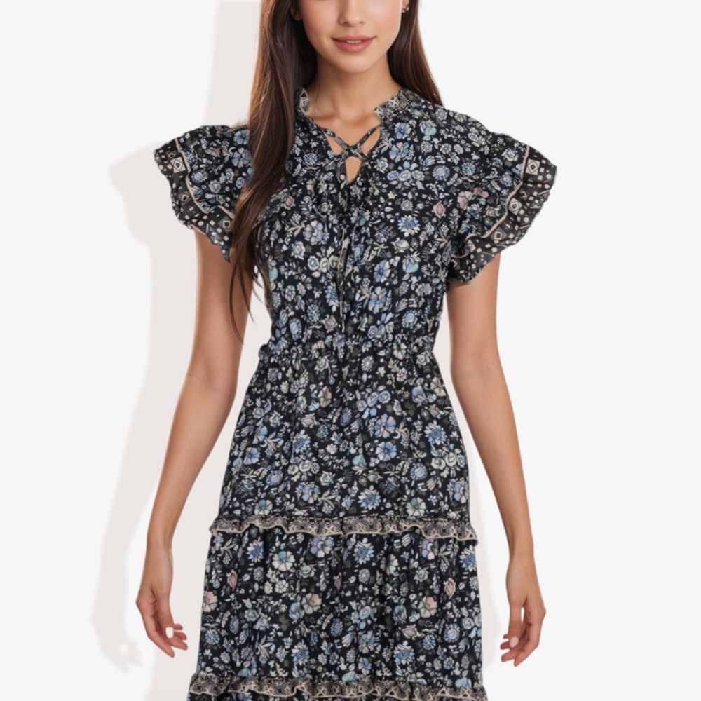 Flutter Sleeve Floral Print Dress with Lace-Up Neckline and Tiered Skirt Casual Summer Dress