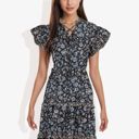  Flutter Sleeve Floral Print Dress with Lace-Up Neckline and Tiered Skirt Casual Summer Dress