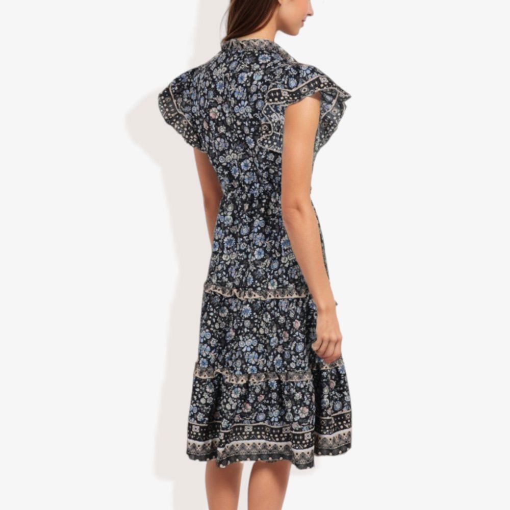 Flutter Sleeve Floral Print Dress with Lace-Up Neckline and Tiered Skirt Casual Summer Dress