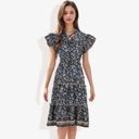  Flutter Sleeve Floral Print Dress with Lace-Up Neckline and Tiered Skirt Casual Summer Dress