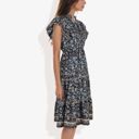 Black Large Flutter Sleeve Floral Print Dress with Lace-Up Neckline and Tiered Skirt Casual Summer Dress