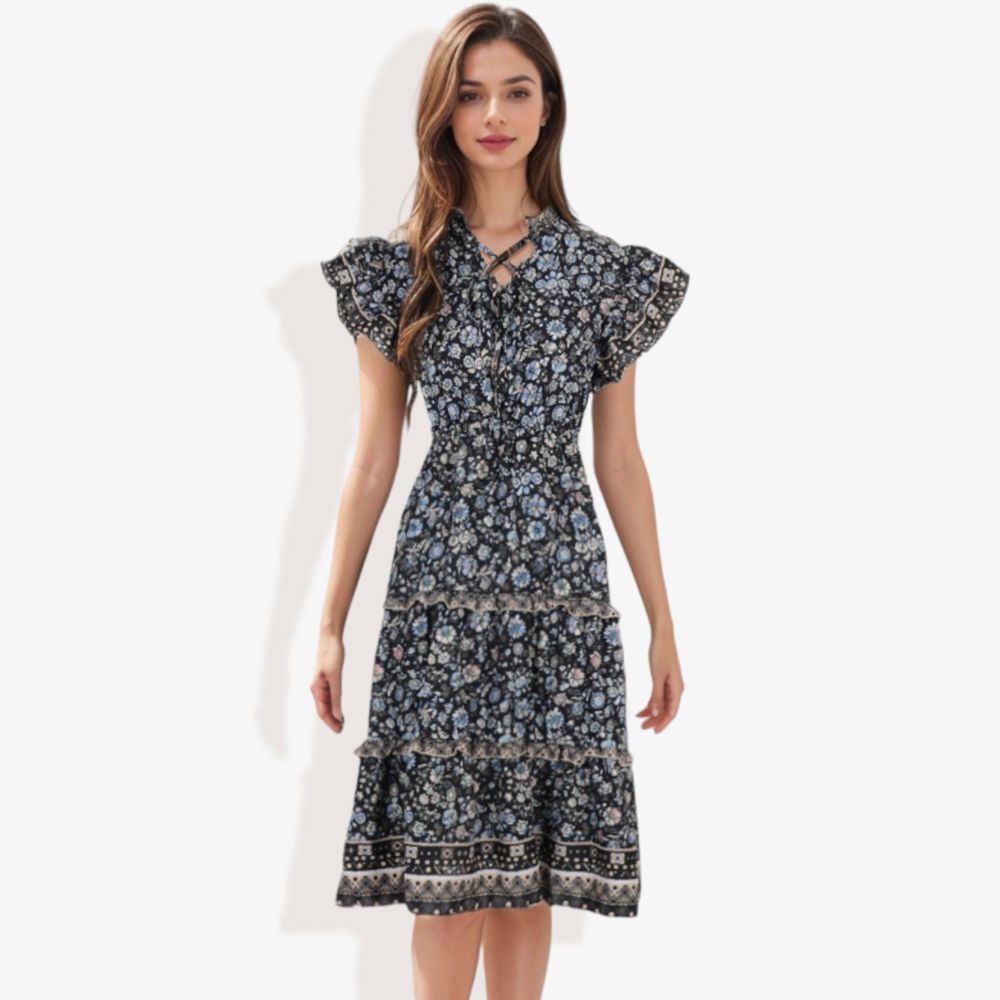 Flutter Sleeve Floral Print Dress with Lace-Up Neckline and Tiered Skirt Casual Summer Dress