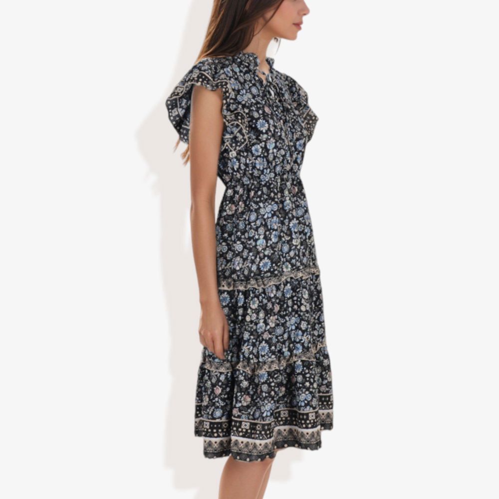 Flutter Sleeve Floral Print Dress with Lace-Up Neckline and Tiered Skirt Casual Summer Dress