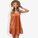  Crochet Detail Tassel Tie Shoulder Ruffle Hem Mini Flared Dress