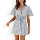 Blue Medium Floral Print V-Neck Dress with Flutter Sleeves and Waist Tie