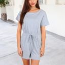  Off Shoulder Short Sleeve Romper with Adjustable Waist Drawstring and Lace Trim Detail on Shorts Casual Lounge Outfit