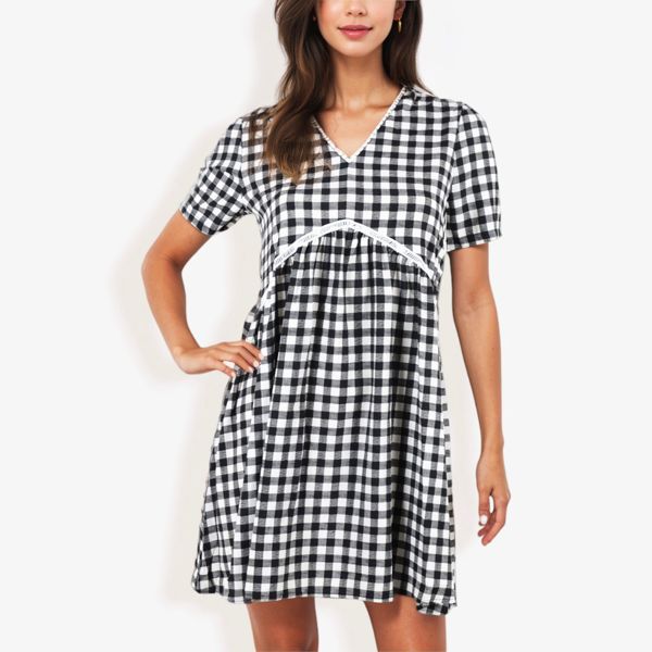 Gingham V-Neck Short Sleeve Dress With Empire Waist And Lace Trim