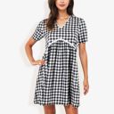  Gingham V-Neck Short Sleeve Dress With Empire Waist And Lace Trim