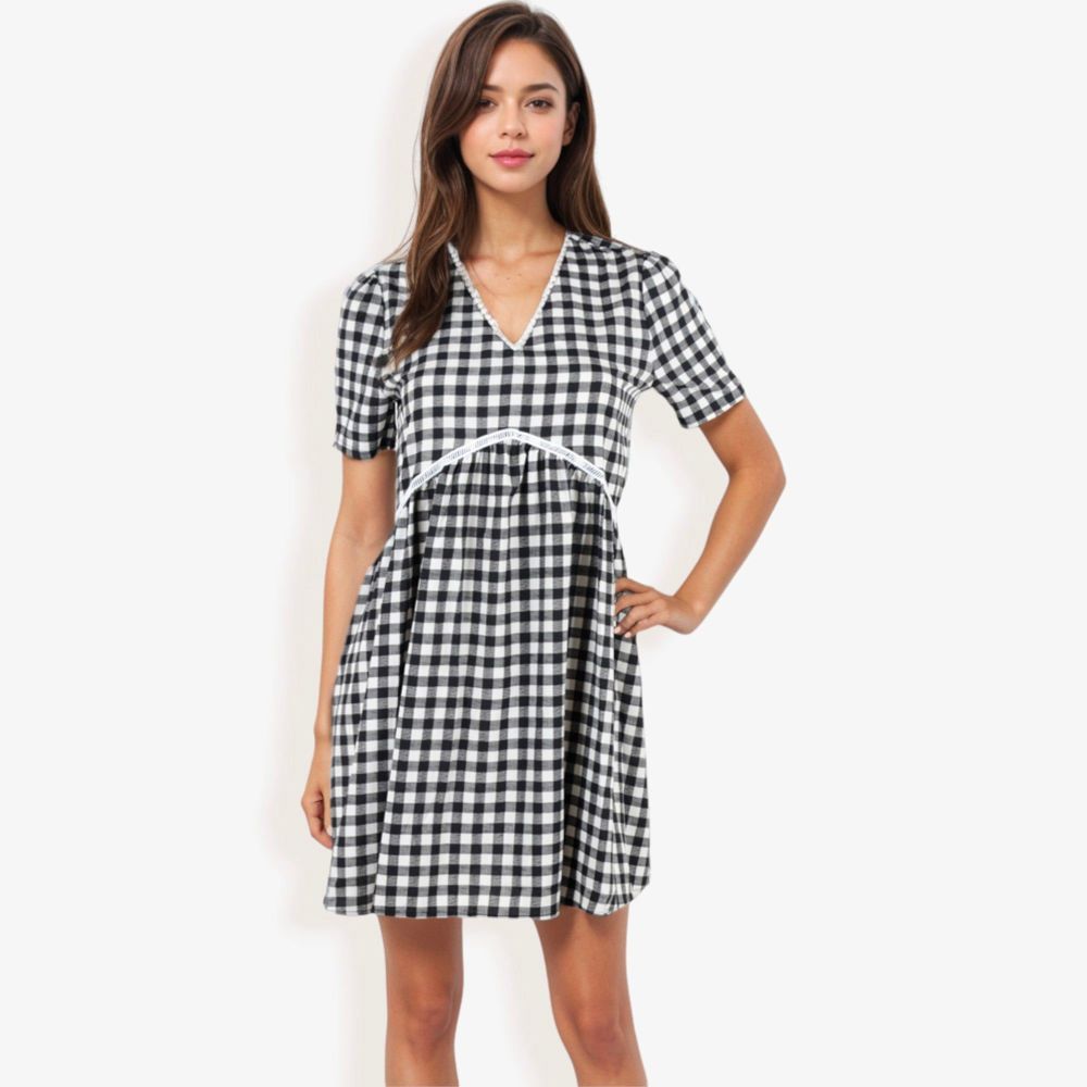 Gingham V-Neck Short Sleeve Dress With Empire Waist And Lace Trim