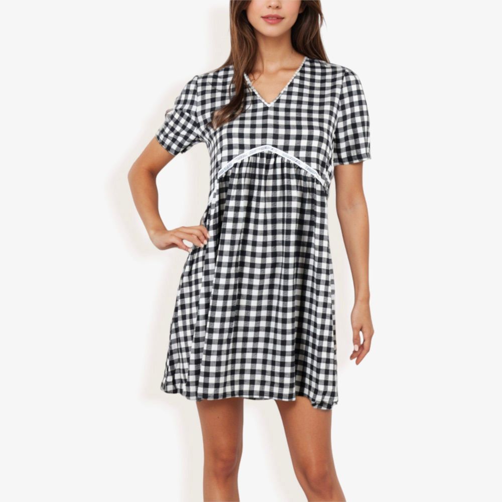 Gingham V-Neck Short Sleeve Dress With Empire Waist And Lace Trim