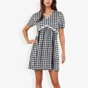  Gingham V-Neck Short Sleeve Dress With Empire Waist And Lace Trim