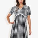  Gingham V-Neck Short Sleeve Dress With Empire Waist And Lace Trim