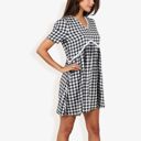 Black Large Gingham V-Neck Short Sleeve Dress With Empire Waist And Lace Trim