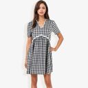 Black Large Gingham V-Neck Short Sleeve Dress With Empire Waist And Lace Trim