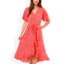  V-Neck Flutter Sleeve Midi Dress with Belted Waist and Ruffle Hem