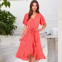  V-Neck Flutter Sleeve Midi Dress with Belted Waist and Ruffle Hem