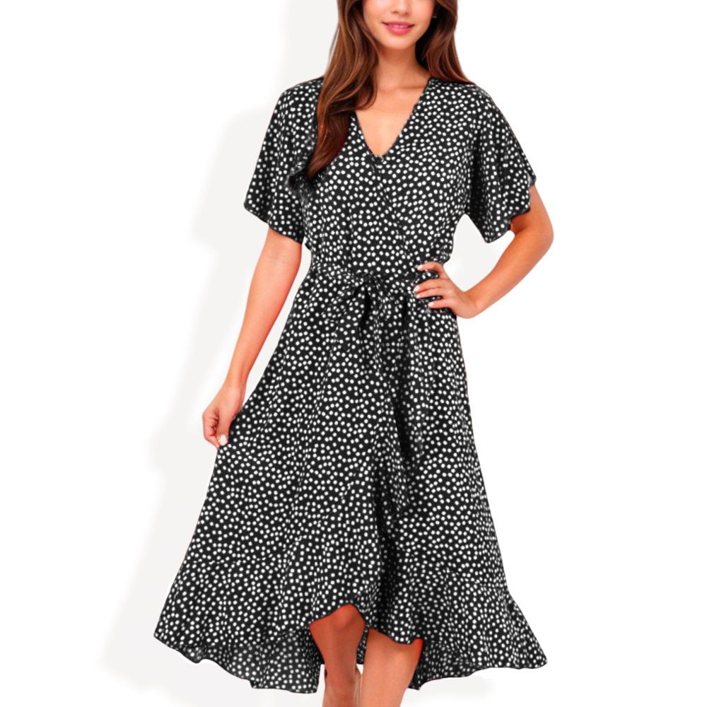 V-Neck Flutter Sleeve Midi Dress with Belted Waist and Ruffle Hem