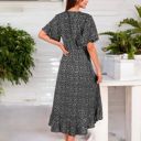 Black Large V-Neck Flutter Sleeve Midi Dress with Belted Waist and Ruffle Hem