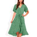 Green Large V-Neck Flutter Sleeve Midi Dress with Belted Waist and Ruffle Hem