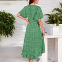 Green Large V-Neck Flutter Sleeve Midi Dress with Belted Waist and Ruffle Hem