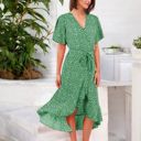 Green Large V-Neck Flutter Sleeve Midi Dress with Belted Waist and Ruffle Hem