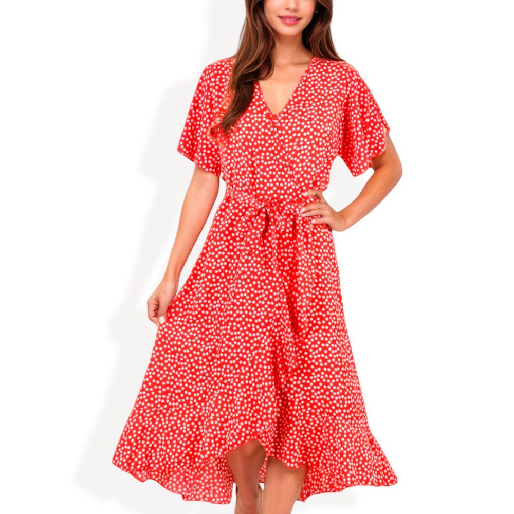 V-Neck Flutter Sleeve Midi Dress with Belted Waist and Ruffle Hem