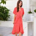 Red Large V-Neck Flutter Sleeve Midi Dress with Belted Waist and Ruffle Hem