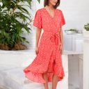 Red Large V-Neck Flutter Sleeve Midi Dress with Belted Waist and Ruffle Hem