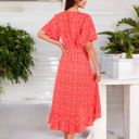 Red Large V-Neck Flutter Sleeve Midi Dress with Belted Waist and Ruffle Hem