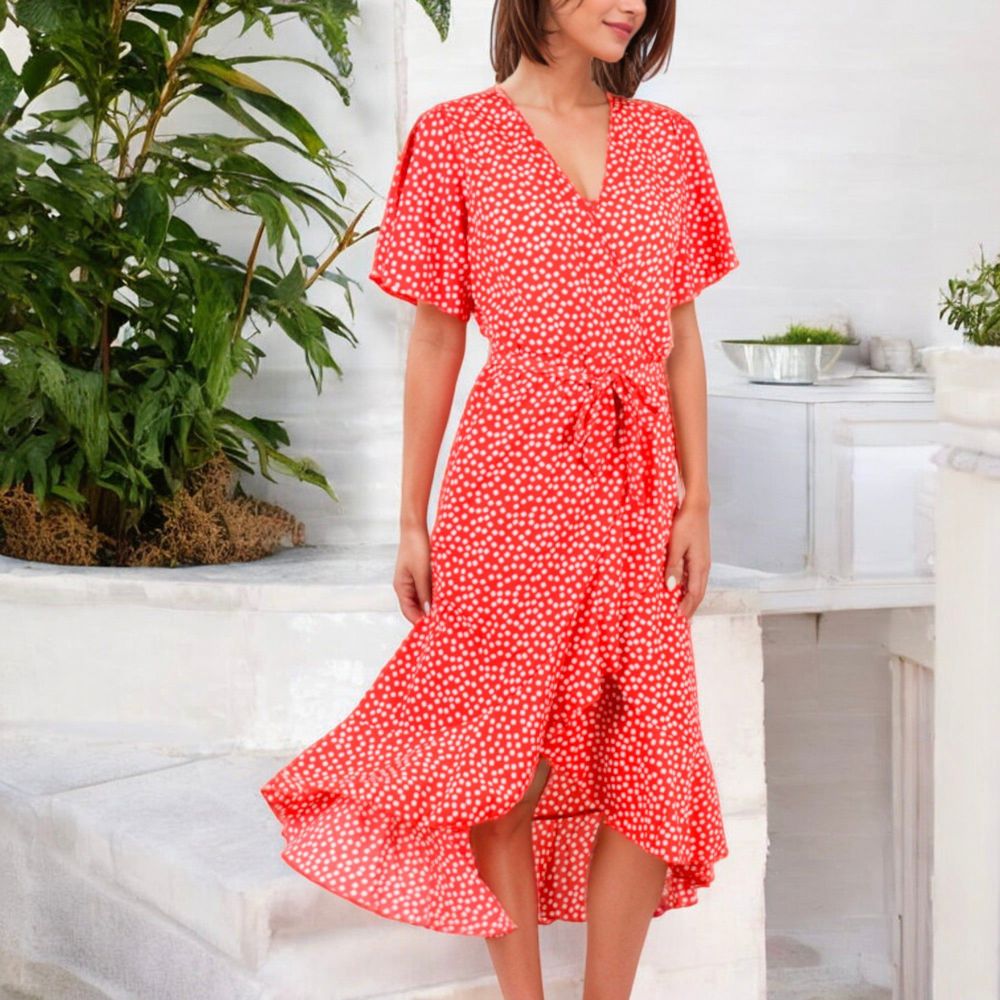 V-Neck Flutter Sleeve Midi Dress with Belted Waist and Ruffle Hem