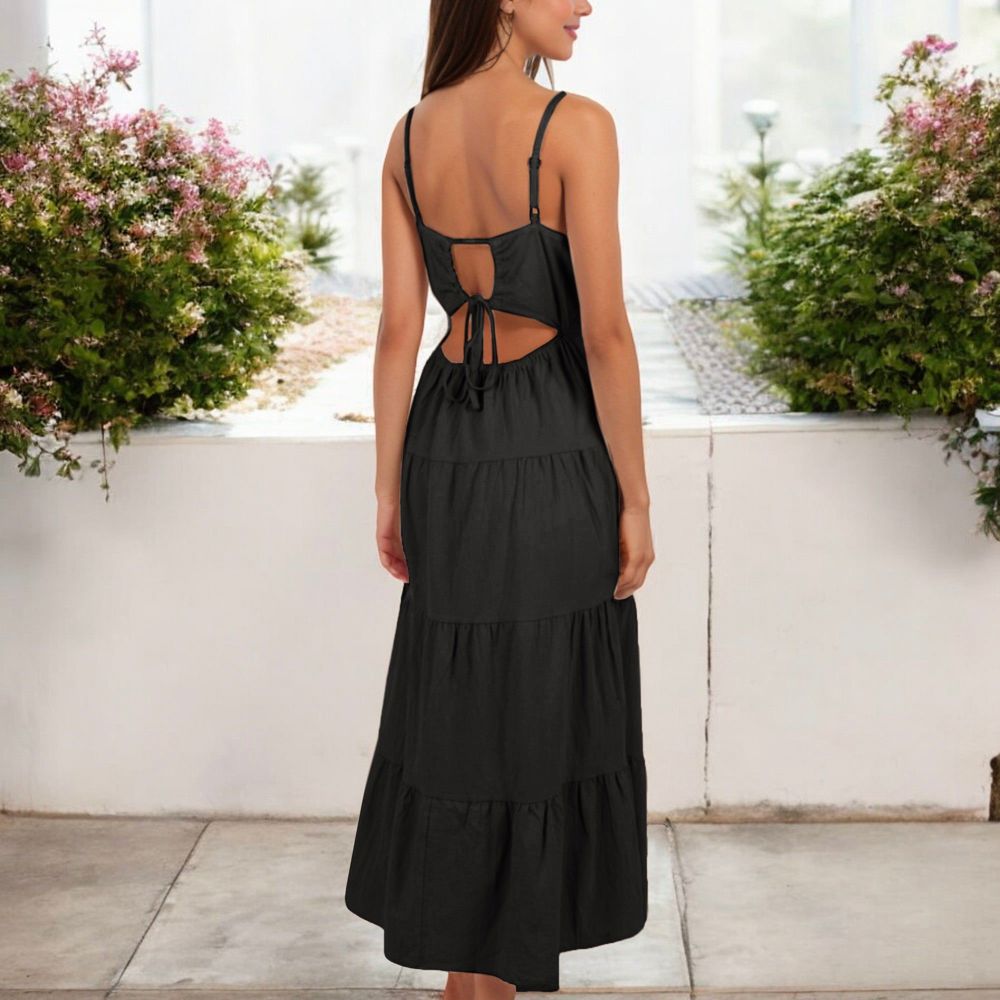 Spaghetti Strap Tiered Maxi Dress with Square Neckline and Flowy Skirt