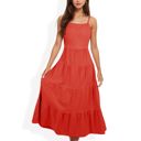 Red Large Spaghetti Strap Tiered Maxi Dress with Square Neckline and Flowy Skirt