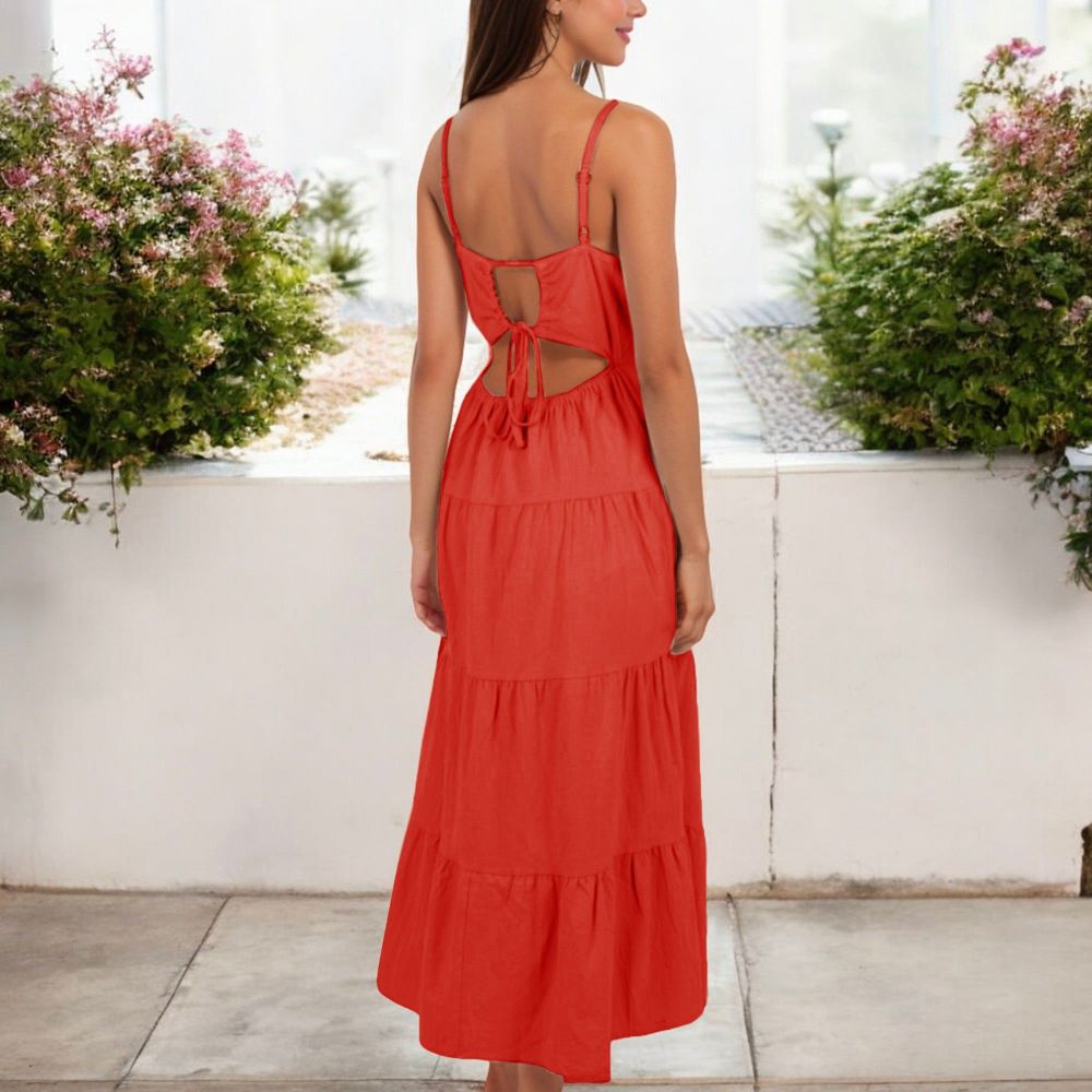 Spaghetti Strap Tiered Maxi Dress with Square Neckline and Flowy Skirt